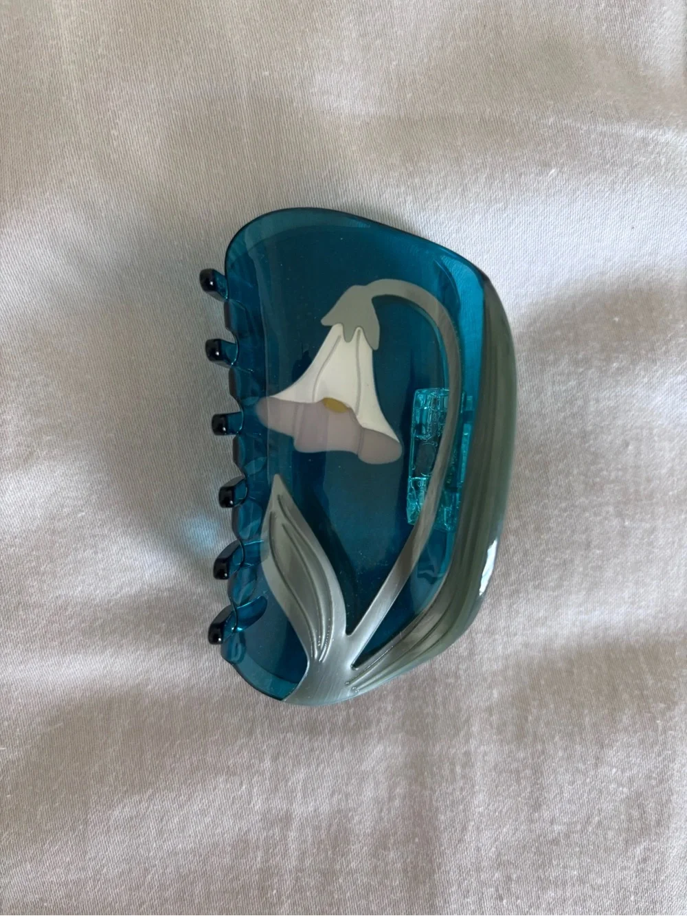 Blue Claw Clip with White Flower Motif